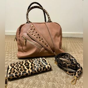Boutique Pink/Mauve Faux-Leather Purse & Wallet with Leopard Print Accents